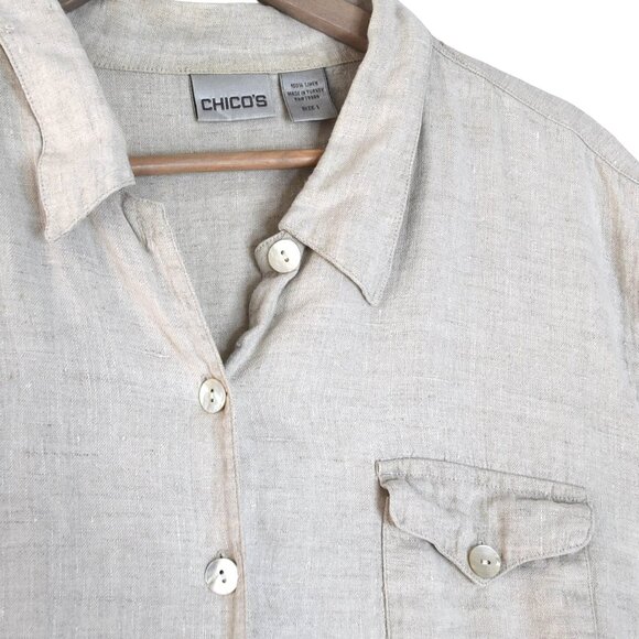 Chico’s Linen Shirt Size 1 (M) Beige Short Sleeve Button Up Minimalist Coastal - Picture 5 of 9